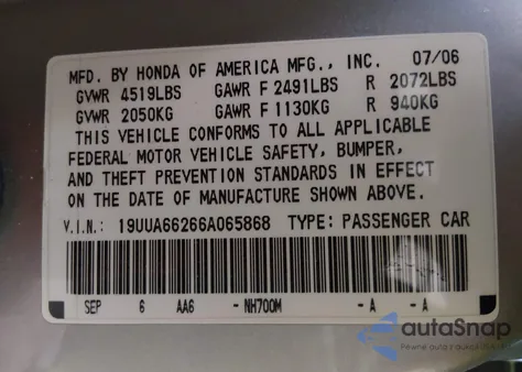 2006 Acura Tl z USA, uszkodzony, nr VIN 19UUA66266A065868